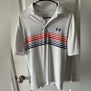 White with multi colored strips across chest Under Armour sweat wicking polo